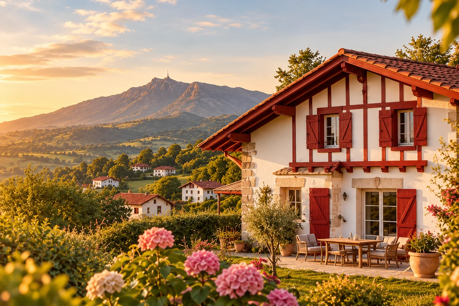 Maison basque aux volets rouges avec vue sur la Rhune